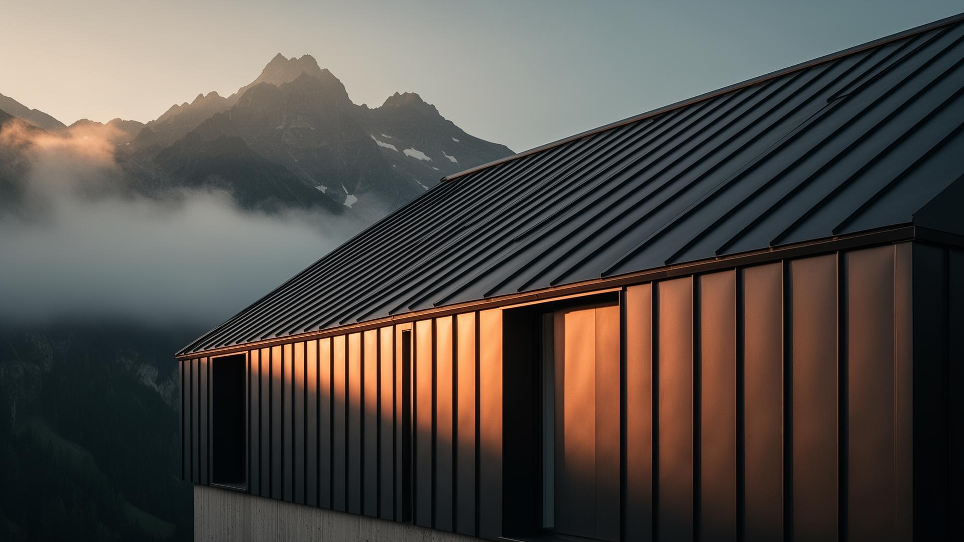 Modernes Gebäude mit Metalldach und Kupferfassade in den Schweizer Alpen